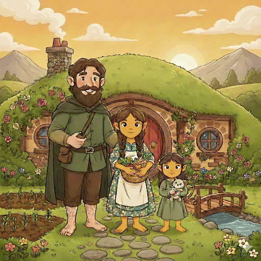 Chris Martin and family in a hobbit-style setting